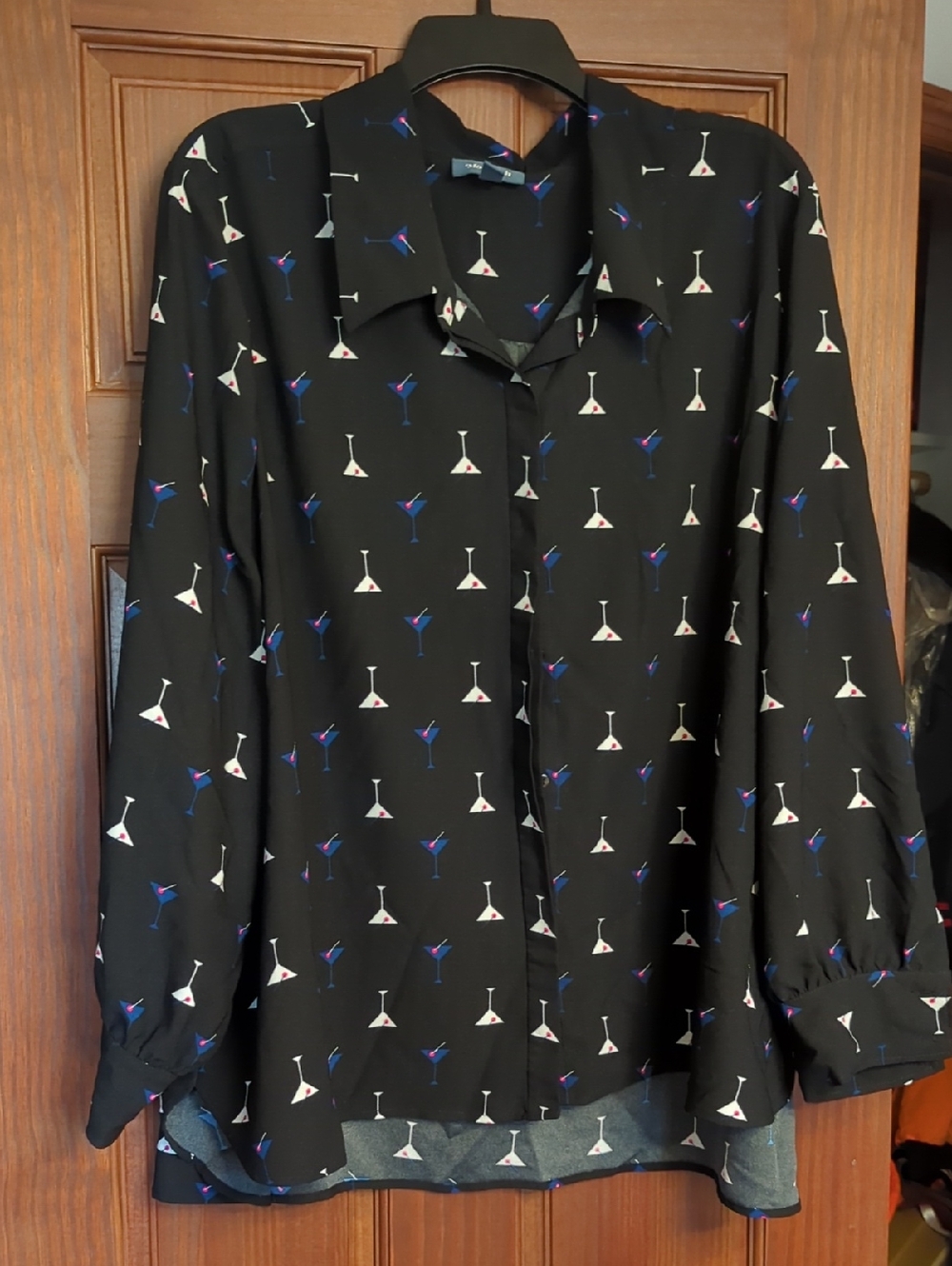 ModCloth Black Blouse with Blue and White Martini Print